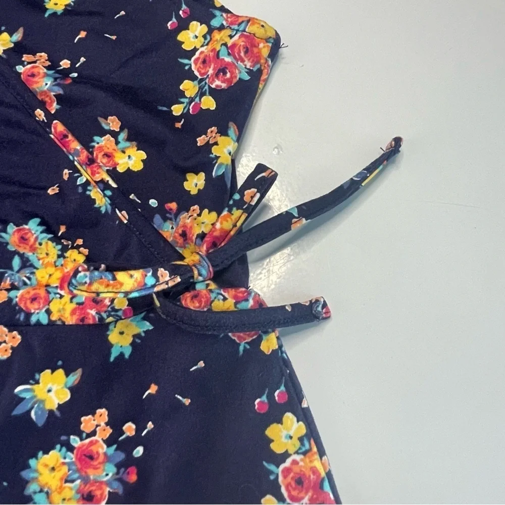 Pink & Violet Girls 10/12 Navy Blue Floral Faux Wrap Dress PRELOVED